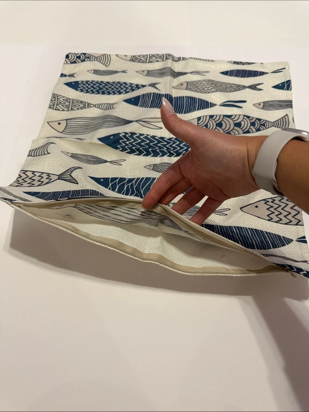 Cream/Blue Fish Pattern Throw Pillow Case Cover